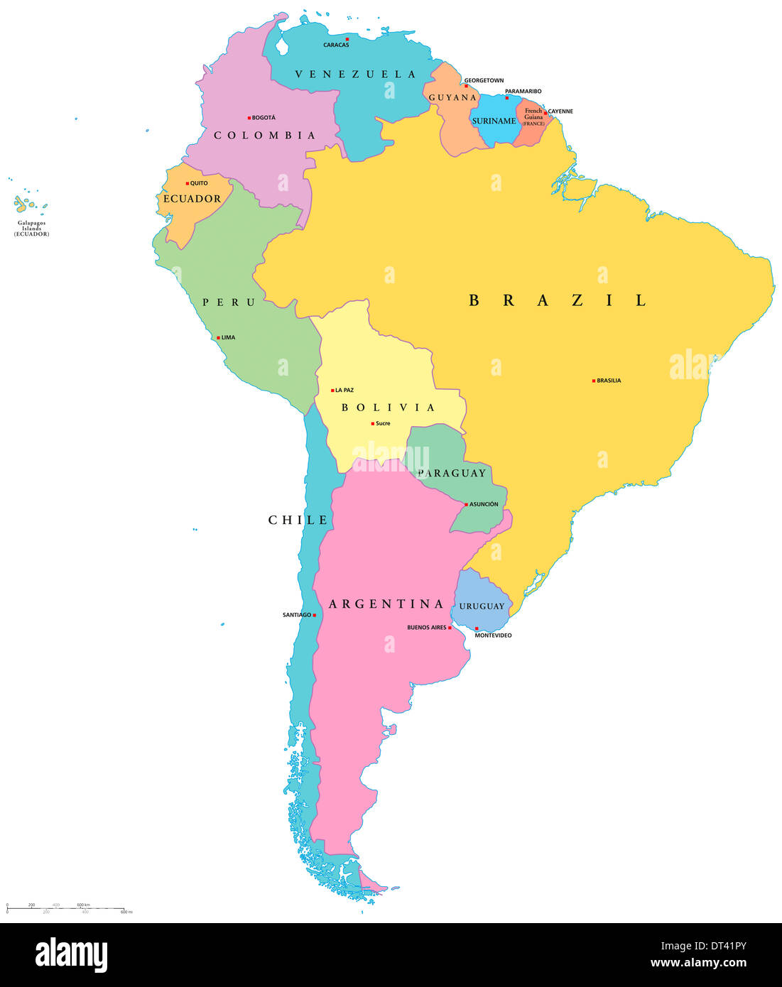 Political map of South America with single states,capitals and national borders with english labeling and scale Stock Photo