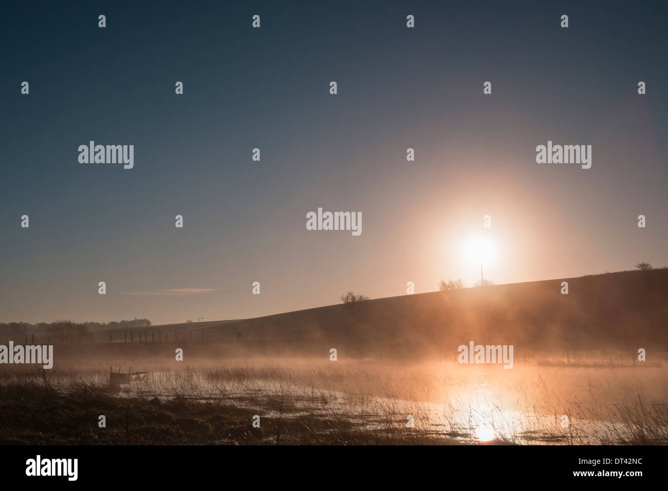 Sunrise over Salisbury Plain pond Stock Photo