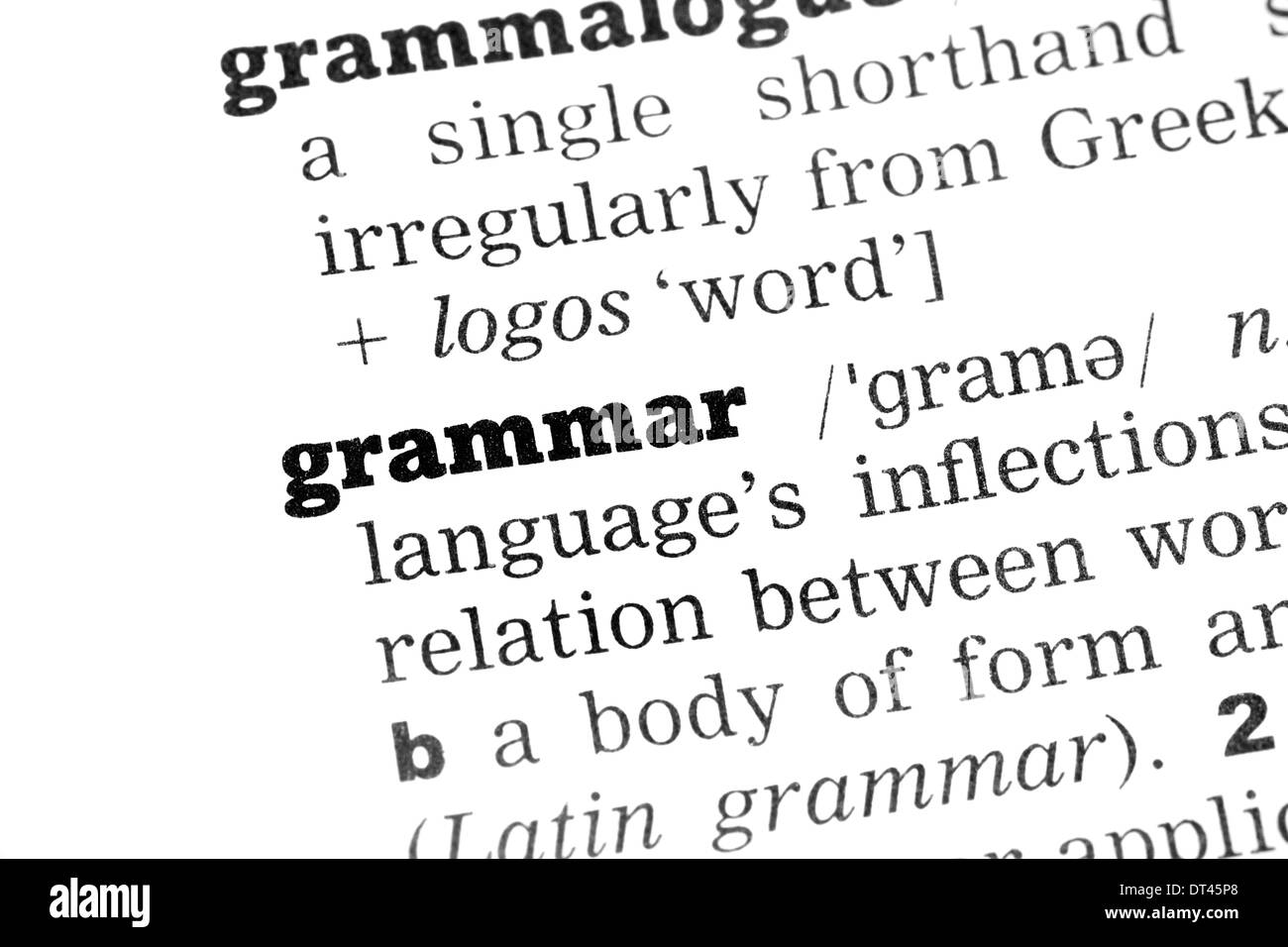 Grammar Dictionary Definition closeup black and white Stock Photo