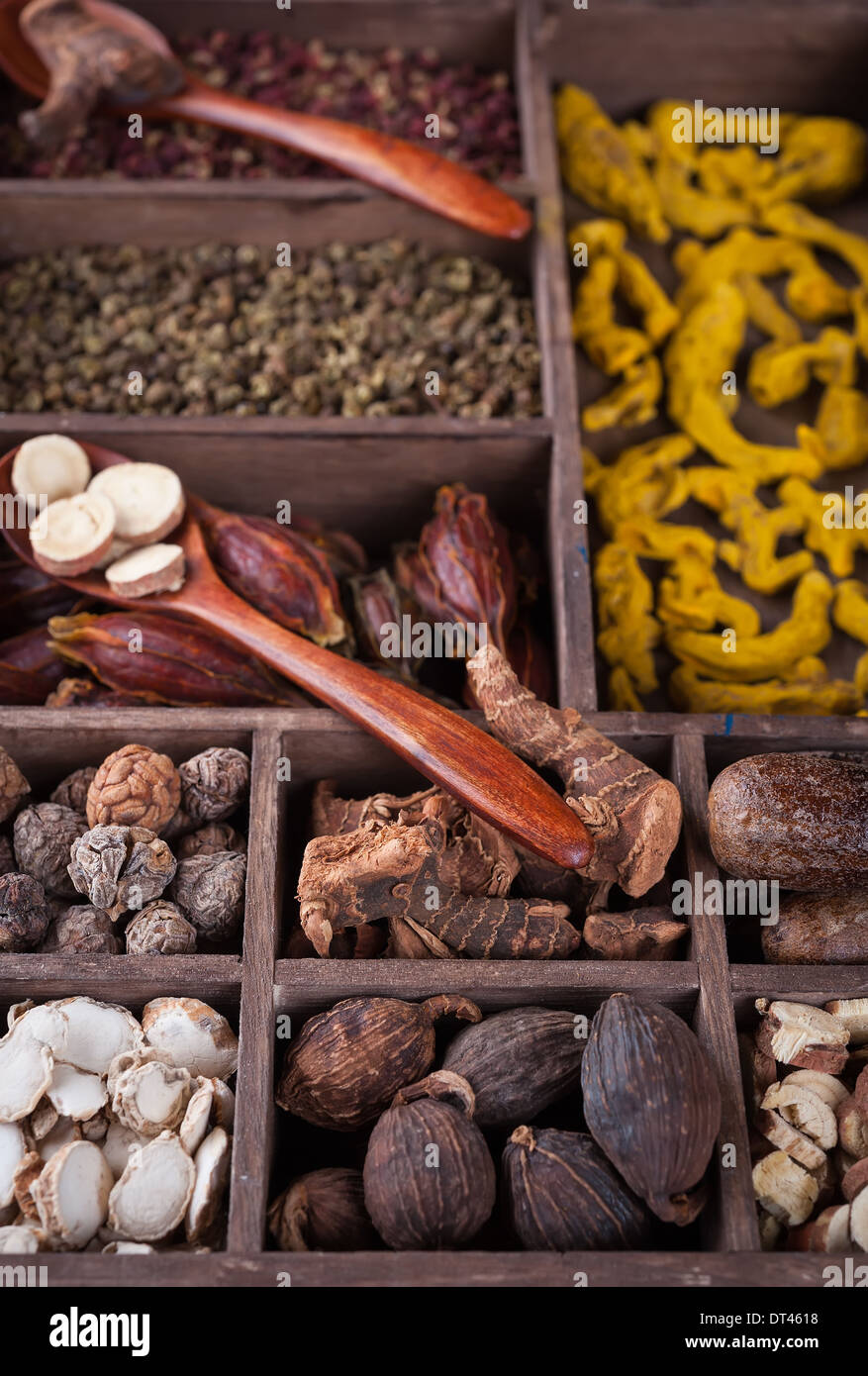Authentic collection Chinese spices with spoon Stock Photo