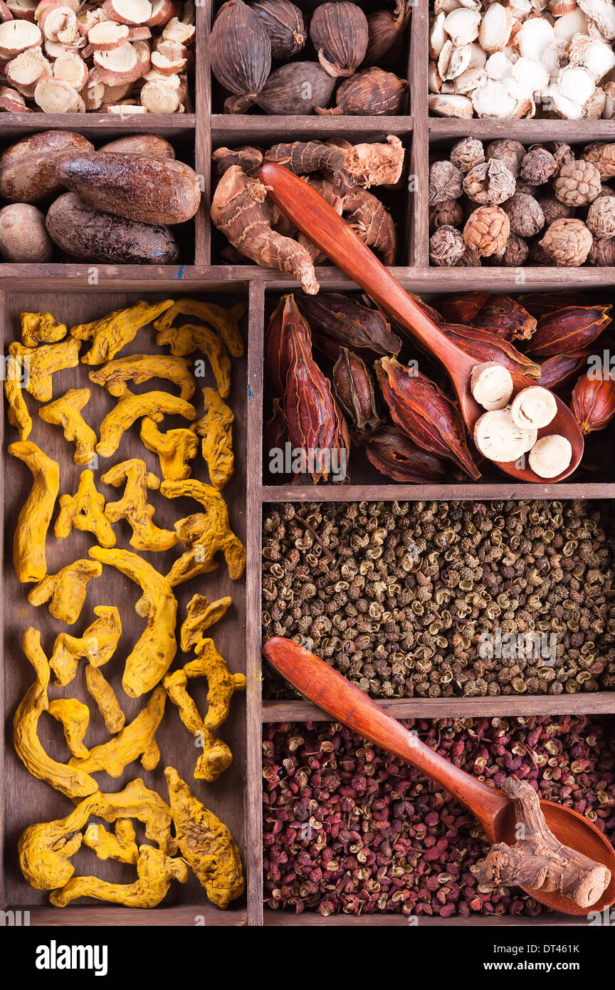 Authentic collection Chinese spices with spoon Stock Photo