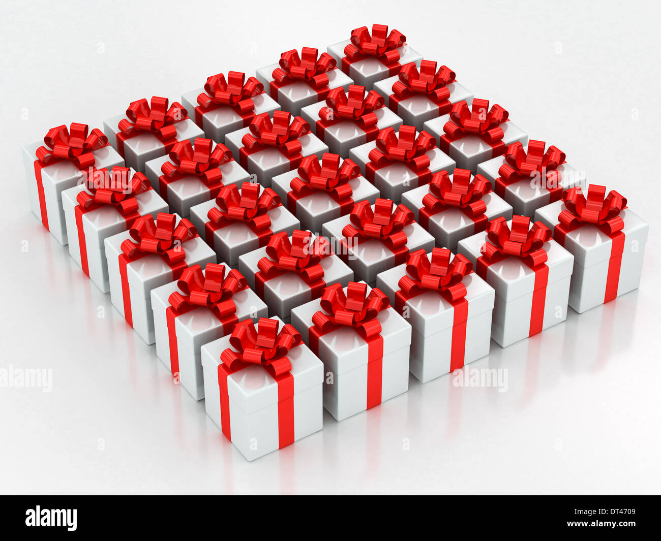 white gift boxes with red ribbon on a white background Stock Photo - Alamy