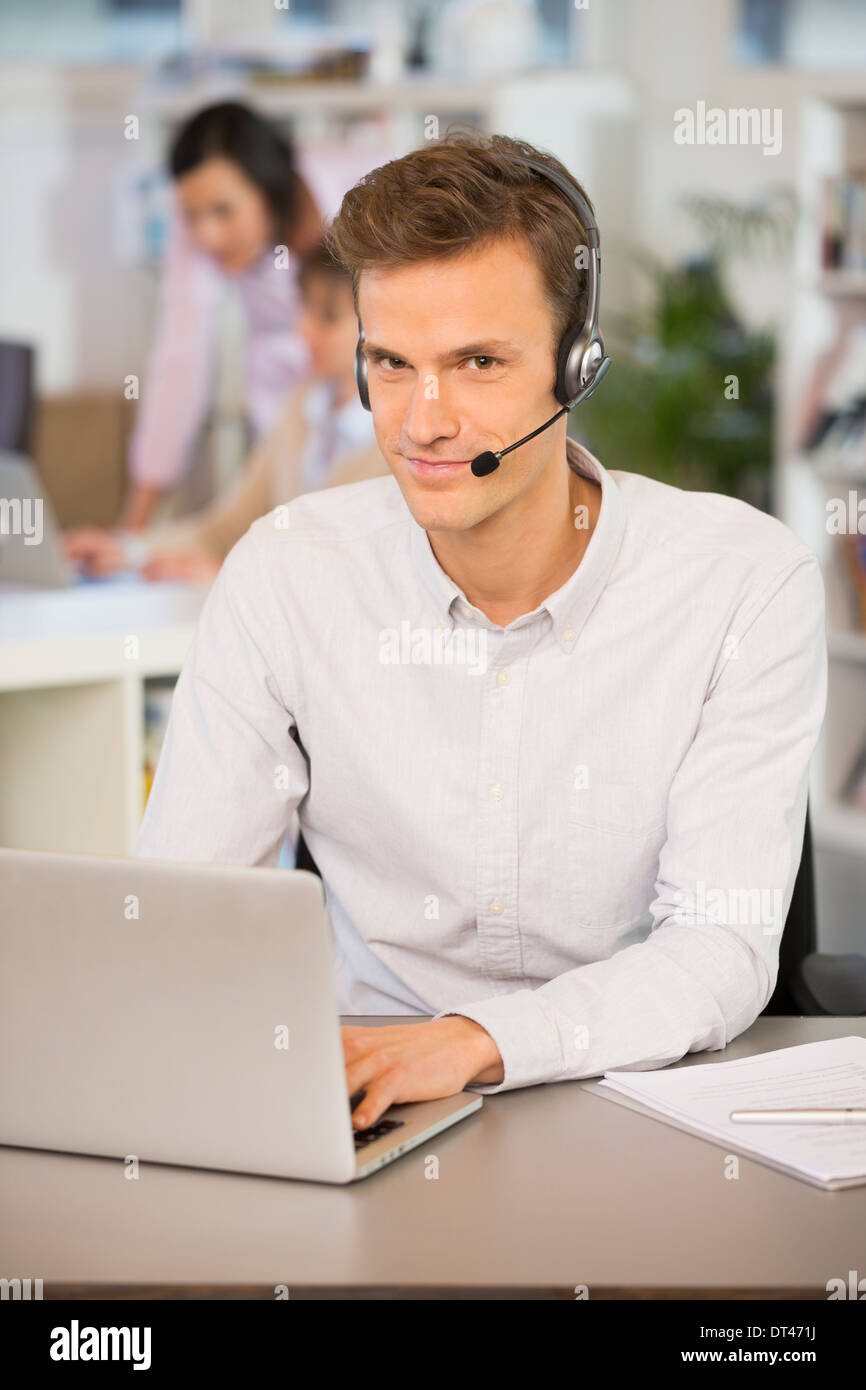Male calling computer desk video conference Stock Photo