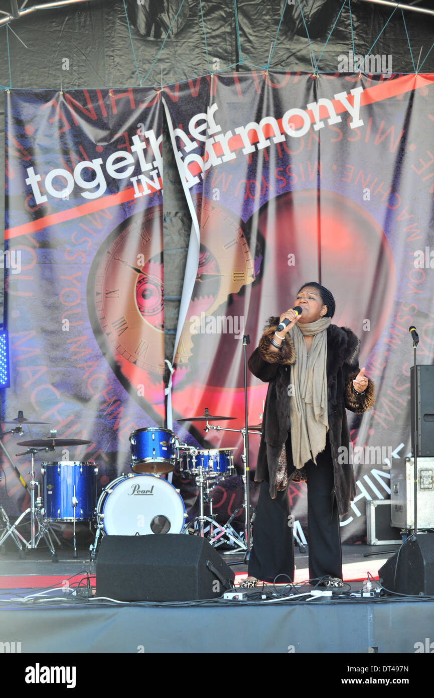 Trafalgar Square, London, UK. 8th February 2014. Liz Mitchell of 1970s group Boney M, sings at the Together in Harmony event, with the release of the charity single 'Miss You Machine'. Aiming to raise money on behalf of the Fusiliers Aid Society in memory of Lee Rigby and others like him. Credit:  Matthew Chattle/Alamy Live News Stock Photo