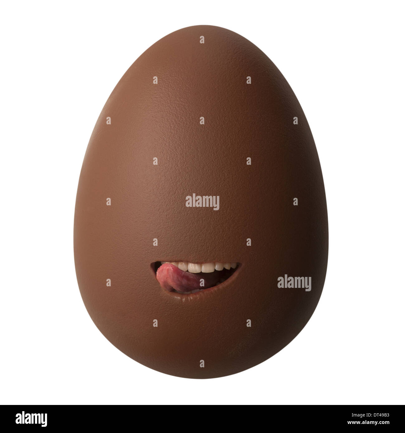 Chocolate easter egg with human lips and tongue Stock Photo