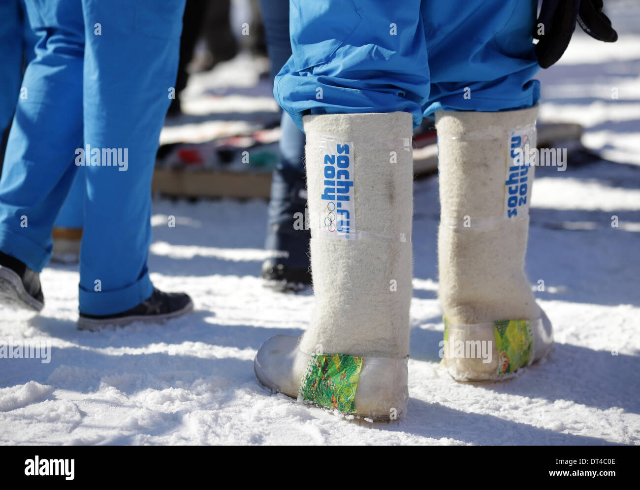 Boots with the Olympic logo are seen during the Olympic rings during the Ladies' Cross Country Skiathlon 7.5 km Classic   7.5 km Free in Laura Cross-country Ski & Biathlon Center at the Sochi 2014 Olympic Games, Krasnaya Polyana, Russia, 08 February 2014. Photo: Kay Nietfeld/dpa Stock Photo