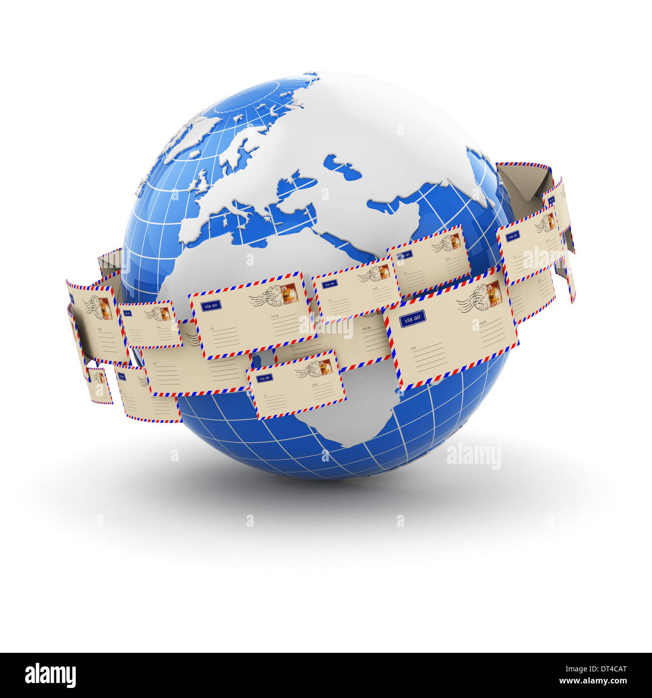 Concept of mail. Earth and envelopes. 3d Stock Photo