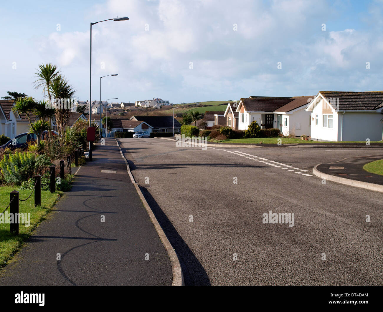 Quiet residential street of retirement bungalows, Bude, Cornwall, UK