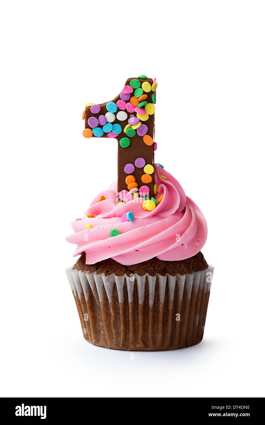 Cupcake decorated with a chocolate number one Stock Photo Alamy