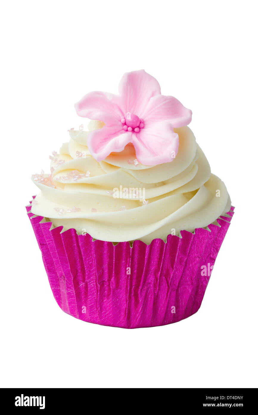 Pink flower cupcake isolated against white Stock Photo