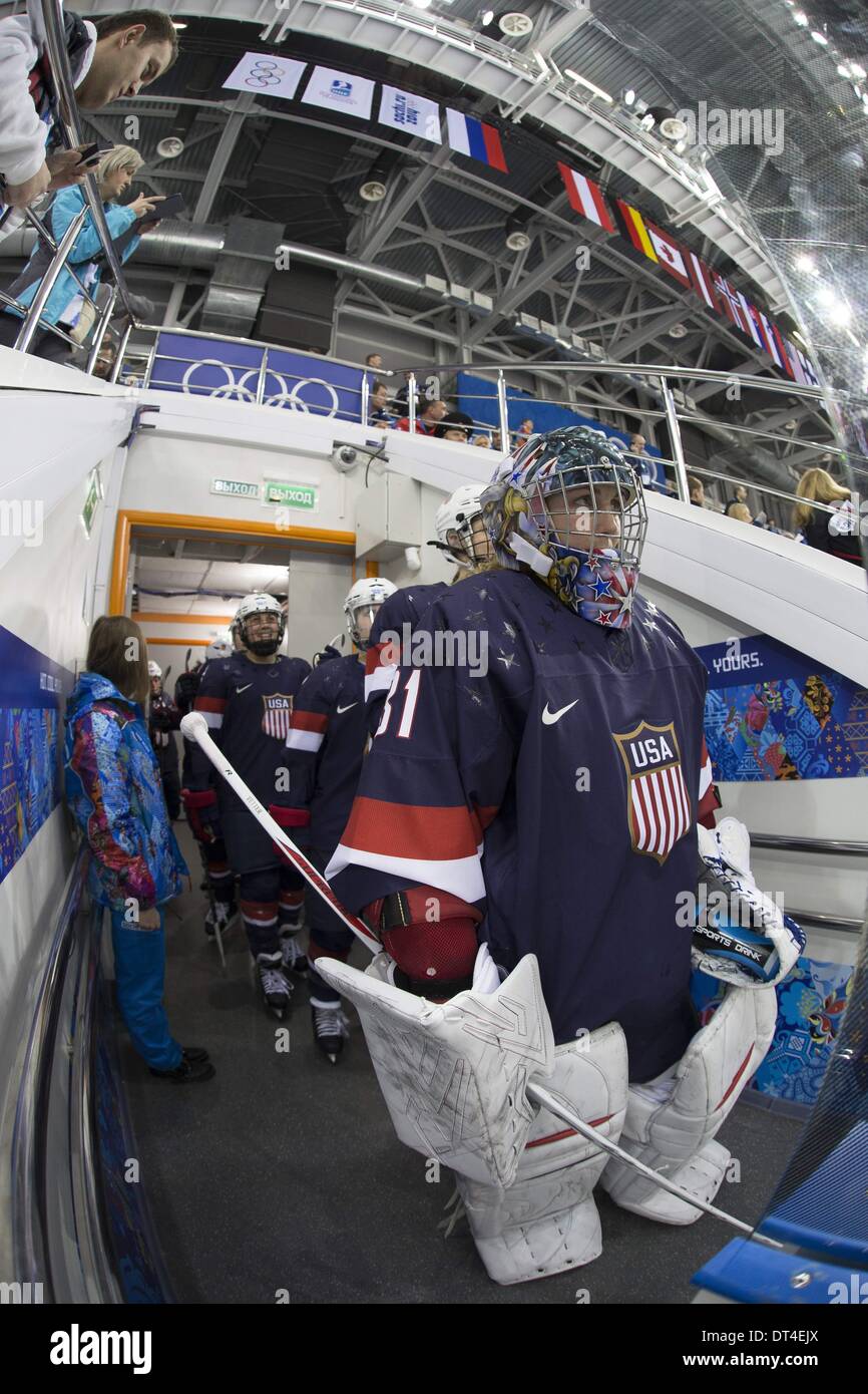 Sochi, Russia. 8th Feb, 2014. 2014 Winter Olympics - Sochi, Russia.Hockey - USA v. Finland.USA Hockey's Goaltender JESSIE VETTER Credit:  Jeff Cable/ZUMAPRESS.com/Alamy Live News Stock Photo