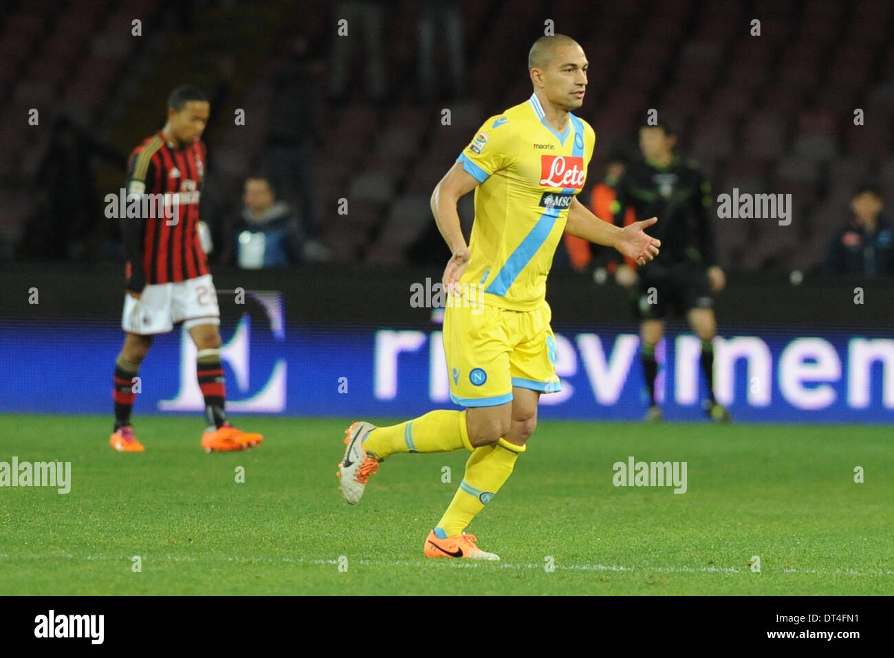Naples, Italy. 8th Feb, 2014. Gokhan Inler of SSC Napoli celebrates after scoring Football / Soccer : Italian Seria A match between SSC Napoli and AC Milan at Stadio San Paolo in Naples, Italy. Credit:  Franco Romano/Alamy Live News Stock Photo