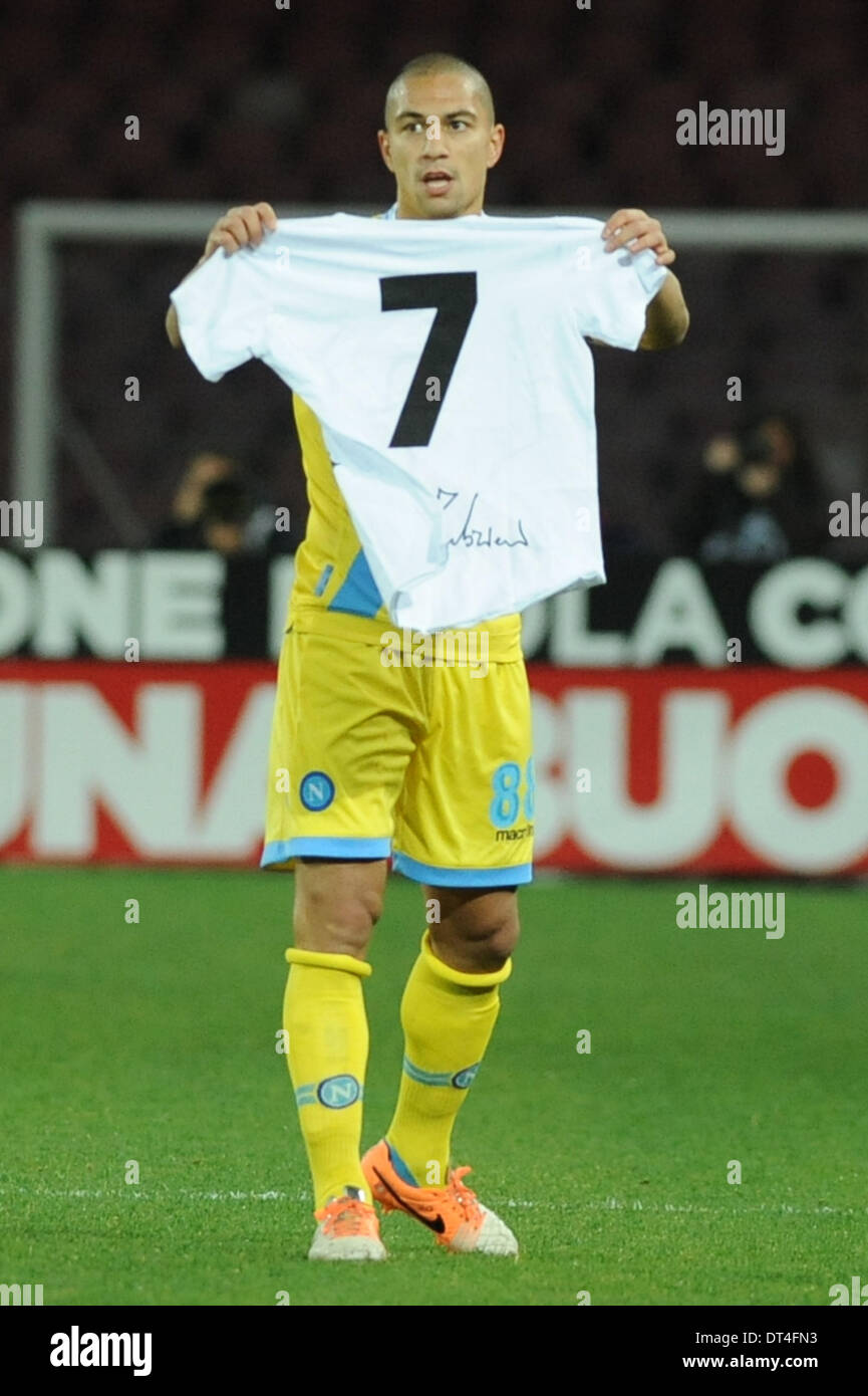 Naples, Italy. 8th Feb, 2014. Gokhan Inler of SSC Napoli celebrates after scoring Football / Soccer : Italian Seria A match between SSC Napoli and AC Milan at Stadio San Paolo in Naples, Italy. Credit:  Franco Romano/Alamy Live News Stock Photo