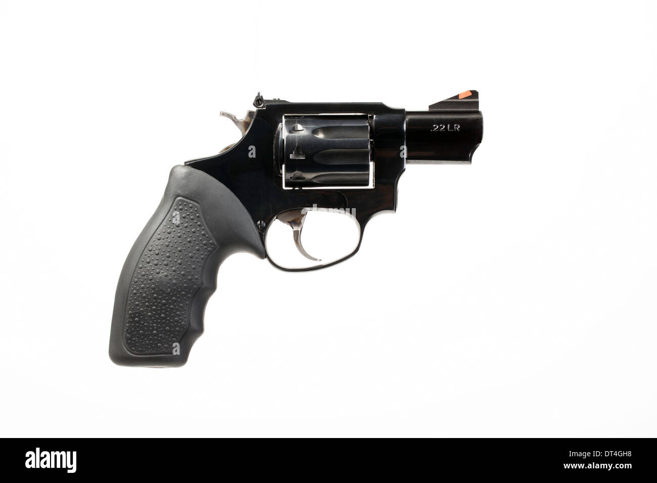 .22 caliber  revolver with bullets on white background with path for easy selection. Stock Photo
