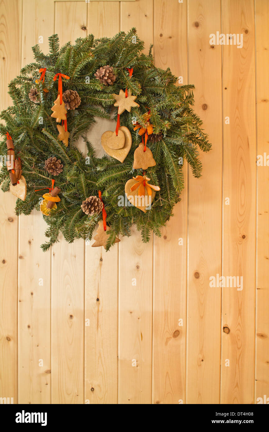 The Christmas wreath on wood background in USA Stock Photo