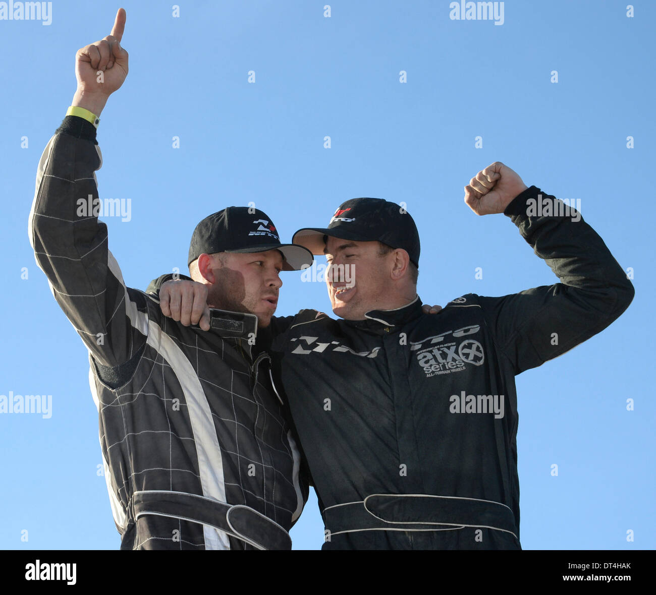Feb 7, 2014. Johnson Valley CA. USA. Team NITTO with driver Lorn Healy(R) and coe-driver Casey Trujillo took first place at 8:03:25 during the 2014 King of the Hammers finals Friday. A estimated crowd of 40,000 plus off road fans came out for the event, Photo by Gene Blevins/LA DailyNews/ZumaPress (Credit Image: © Gene Blevins/ZUMAPRESS.com) Stock Photo