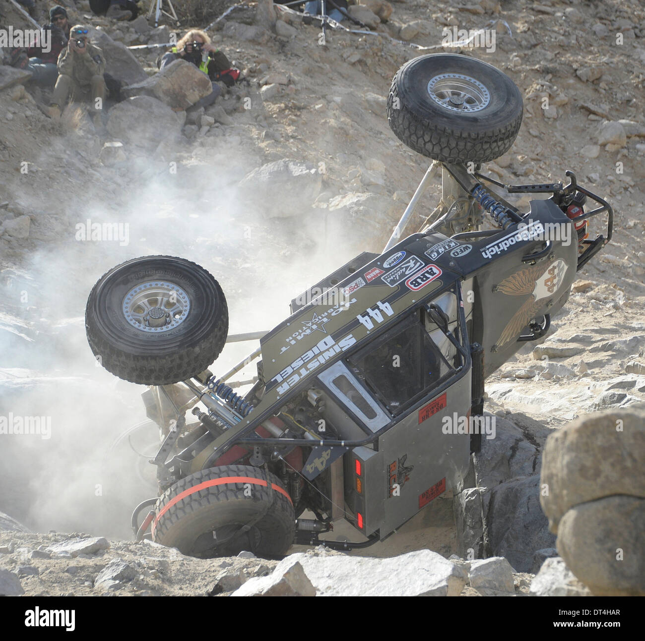 Feb 7, 2014. Johnson Valley CA. USA. One of many of the 156 off road race car flipping over on the race course during the 2014 King of the Hammers finals Friday. A estimated crowd of 40,000 plus off road fans came out for the event. Photo by Gene Blevins/LA DailyNews/ZumaPress (Credit Image: © Gene Blevins/ZUMAPRESS.com) Stock Photo