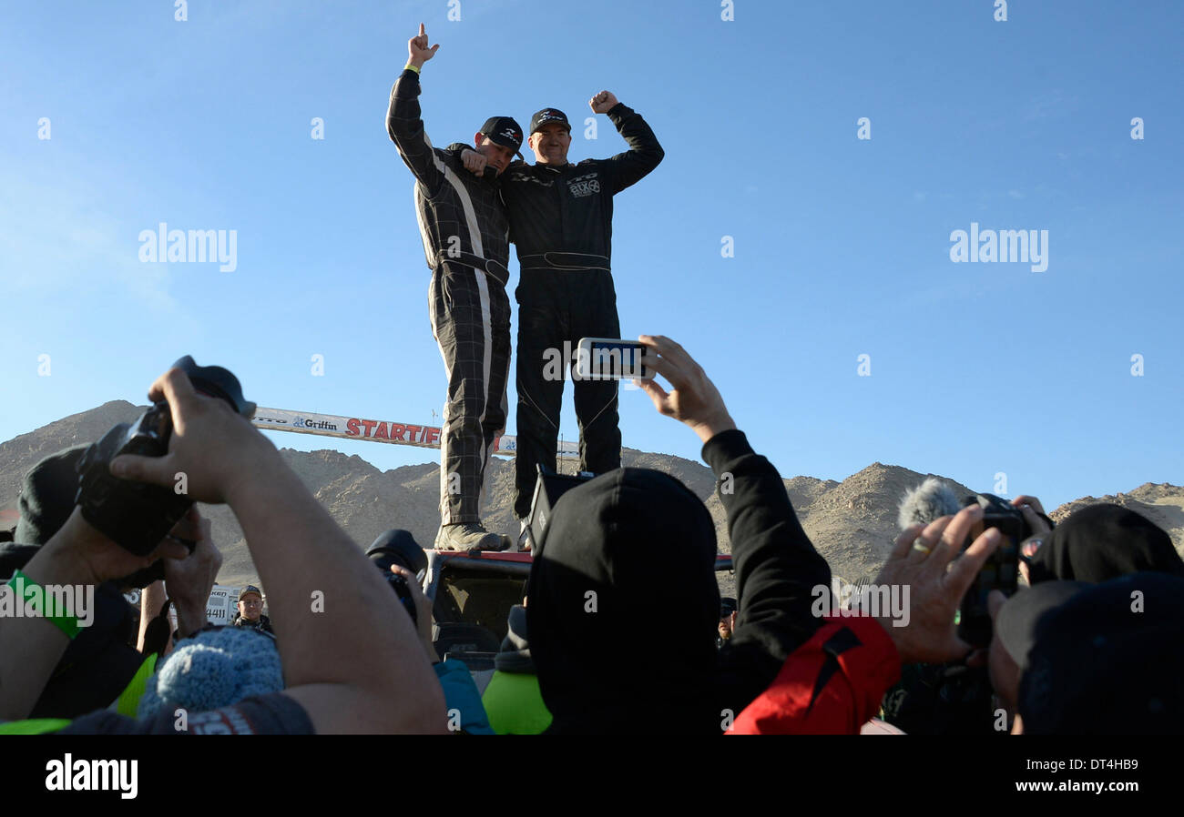 Feb 7, 2014. Johnson Valley CA. USA. Team NITTO with driver Lorn Healy(R) and coe-driver Casey Trujillo took first place at 8:03:25 during the 2014 King of the Hammers finals Friday. A estimated crowd of 40,000 plus off road fans came out for the event, Photo by Gene Blevins/LA DailyNews/ZumaPress (Credit Image: © Gene Blevins/ZUMAPRESS.com) Stock Photo