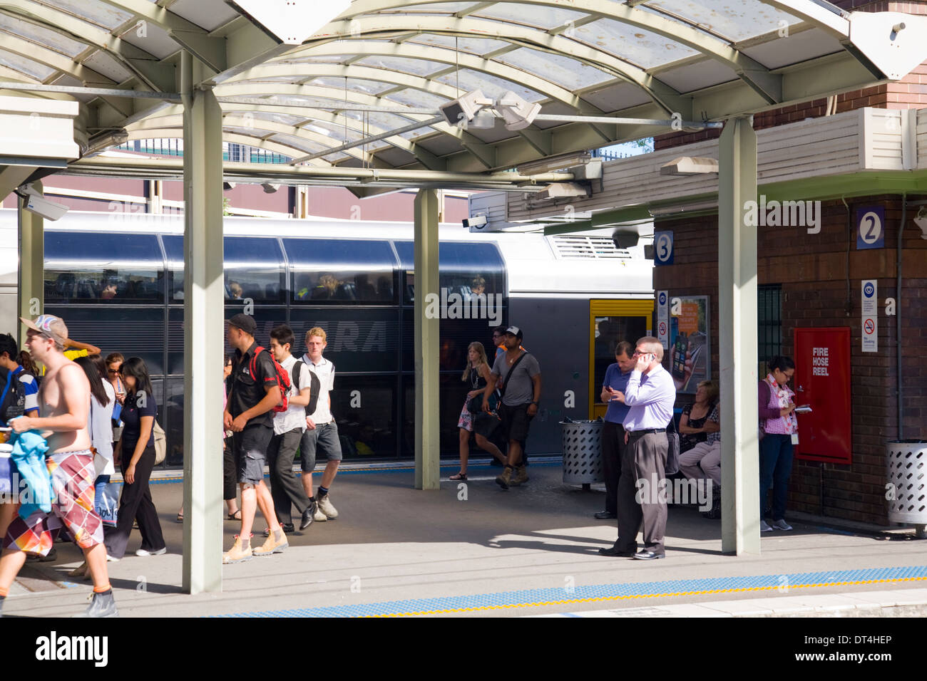 passengers alighting a sydney train at Sutherland railway station , Sydney, Australia Stock Photo