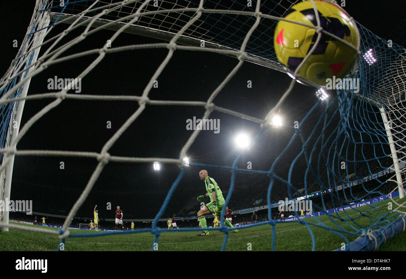 Naples, Italy. 8th Feb, 2014. Napoli's Gokhan Inler scores during the Italian Serie A soccer match against AC Milan at San Paolo stadium in Naples, Italy, Feb. 8, 2014. Napoli won 3:1. Credit:  Alberto Lingria/Xinhua/Alamy Live News Stock Photo