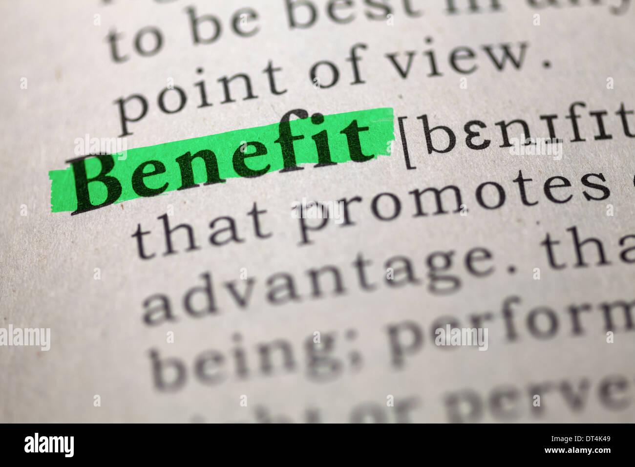 Dictionary definition of the word Benefit. Stock Photo