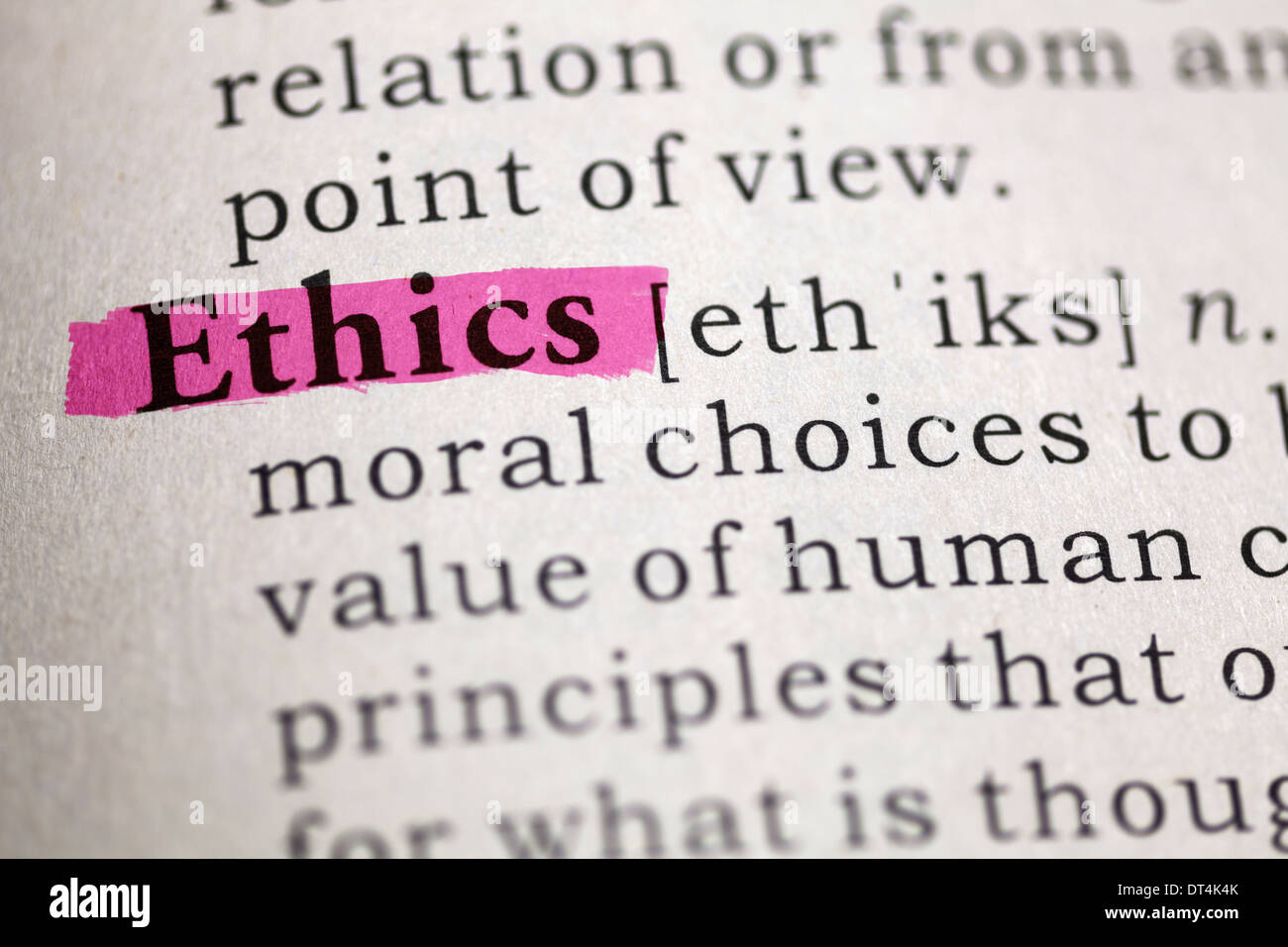 Dictionary definition of the word Ethics. Stock Photo