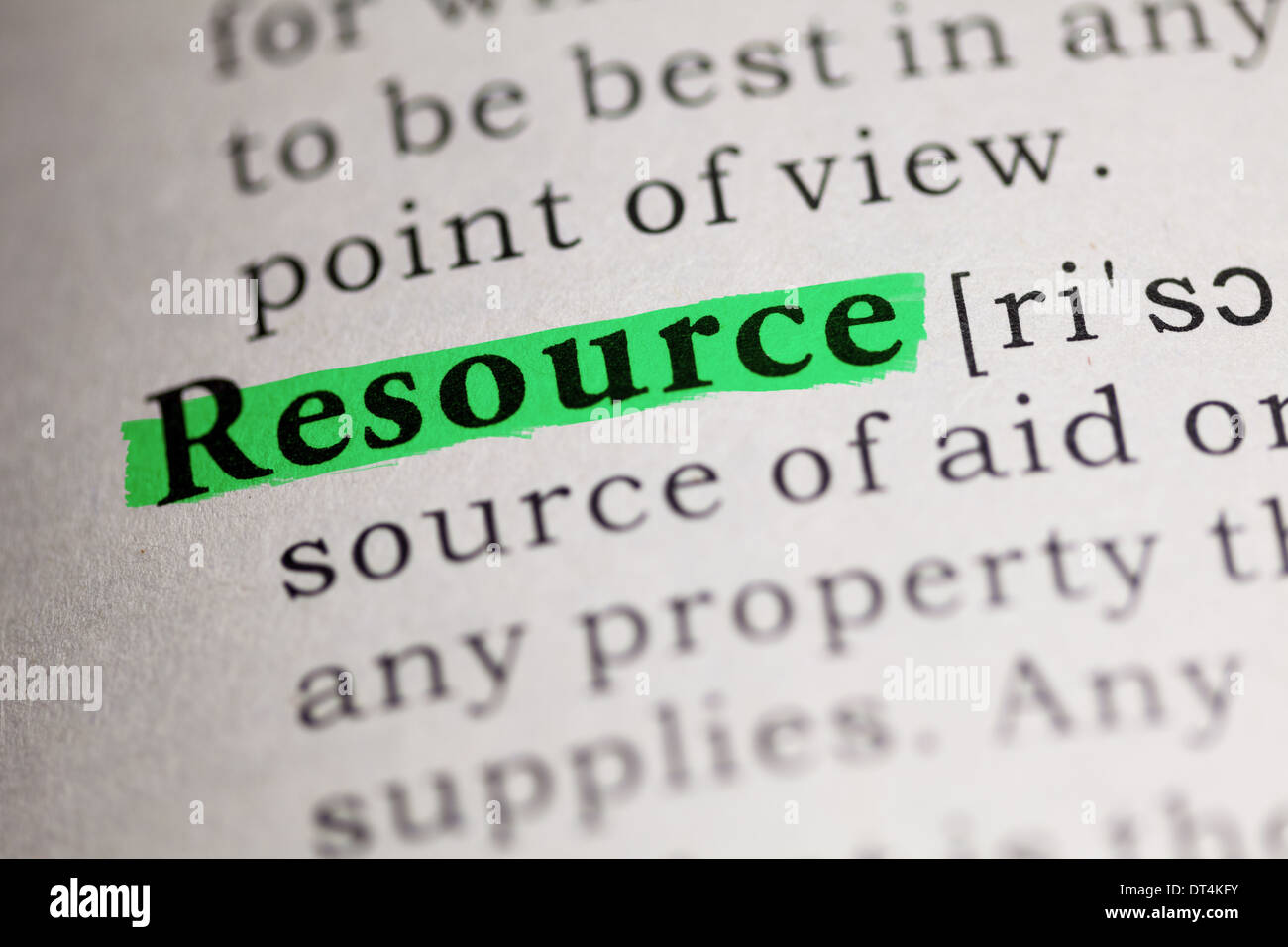 Fake Dictionary, Dictionary definition of the word Resource. Stock Photo