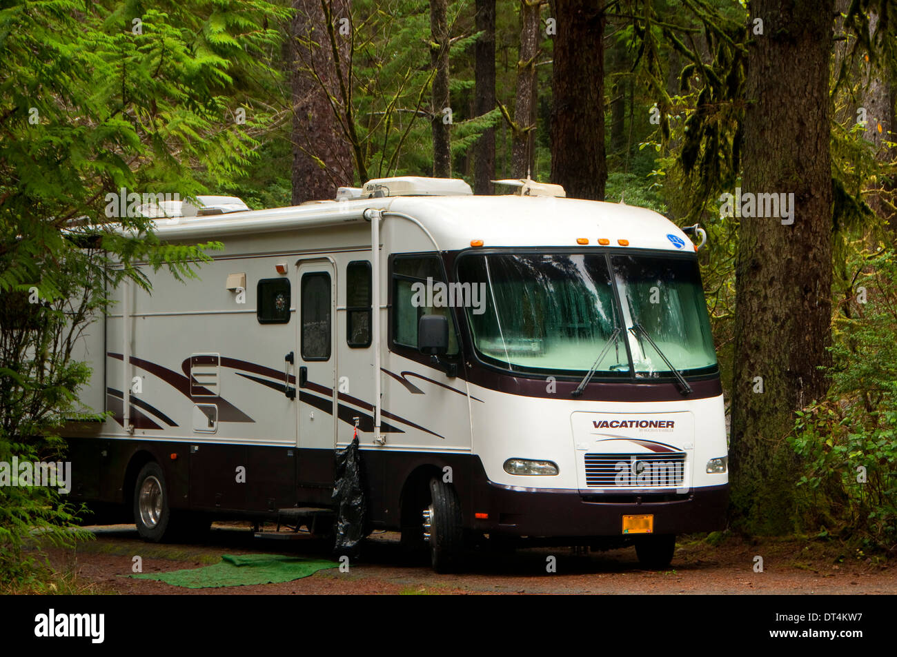 Motorhome in campground, Jessie Honeyman State Park, Oregon Stock Photo