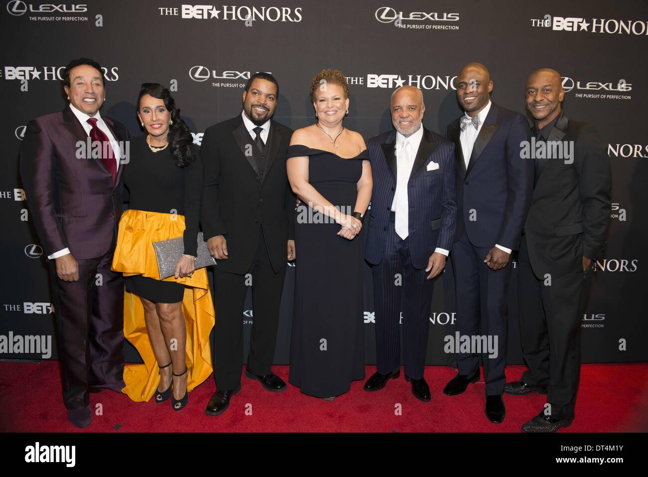 Washington, DC, USA. 8th Feb, 2014. SMOKEY ROBINSON and wife, ICE CUBE, DEBRA LEE, BERRY GORDY, WAYNE BRADY and STEPHEN G HILL, at the BET Honors which was held at the historic Warner Theater in Washington DC Credit:  Ricky Fitchett/ZUMAPRESS.com/Alamy Live News Stock Photo