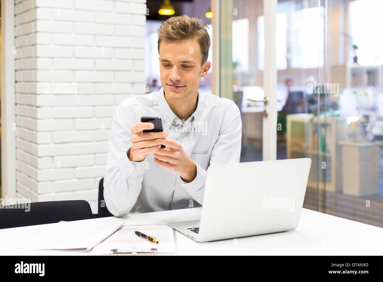 Man Desk Cell Phone Calling Computer Stock Photo 66487385 Alamy