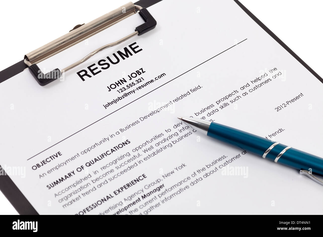 Resume with pen isolated on white background Stock Photo - Alamy