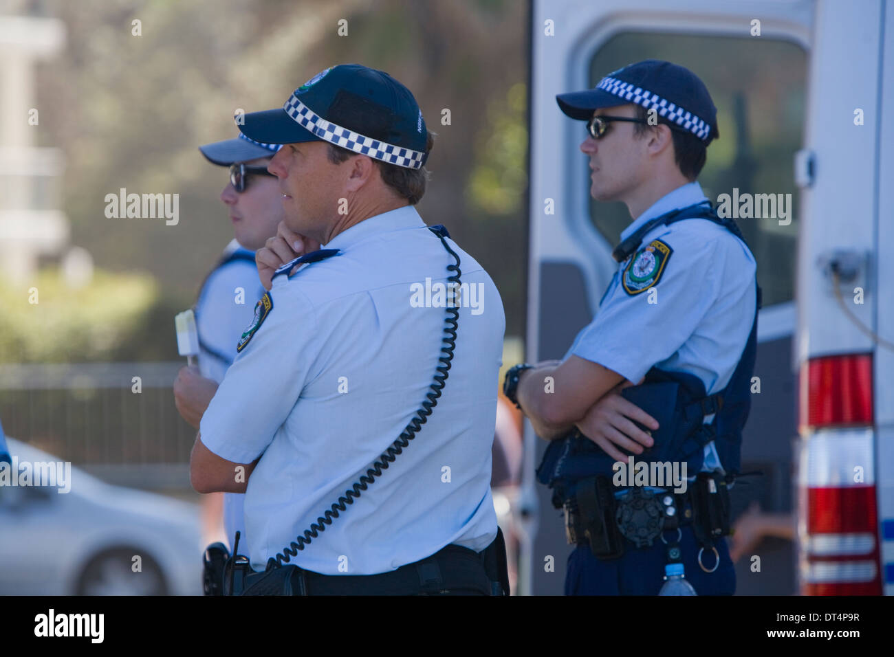 New South Wales State police officers patrolling in Manly Sydney during the australian open of surfing event,2014 Stock Photo