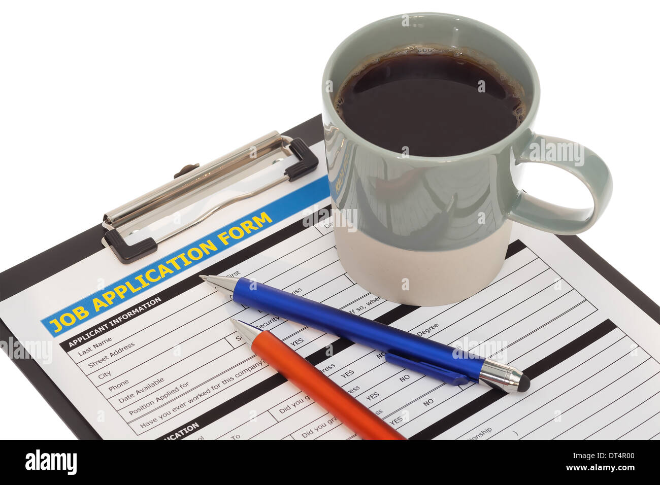 Job application form with coffee cup isolated on white background Stock ...