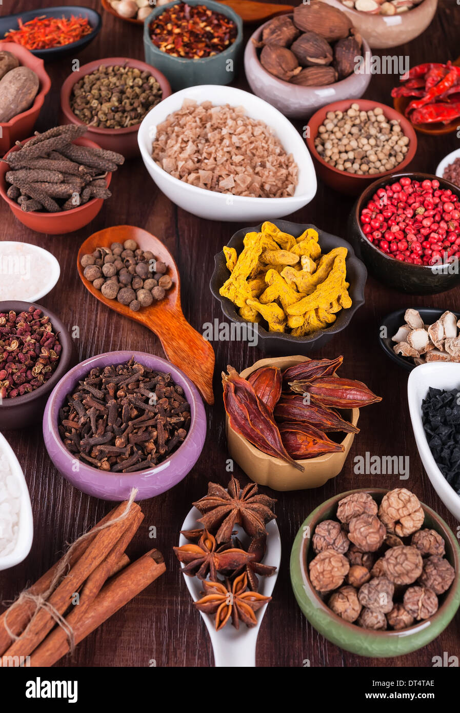 Large set of spices, seasonings and salt Stock Photo