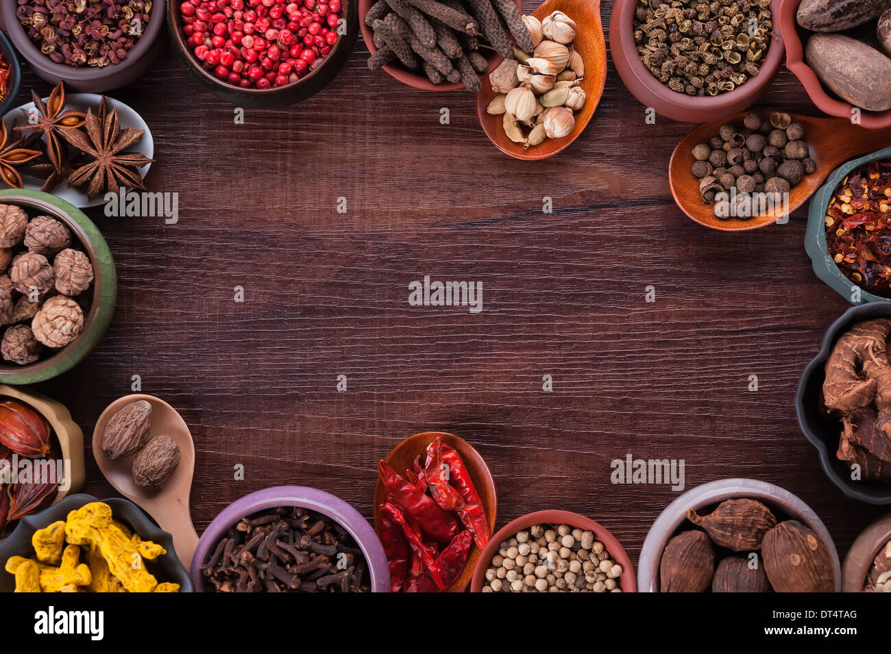 Large set of spices and seasonings with copy space Stock Photo