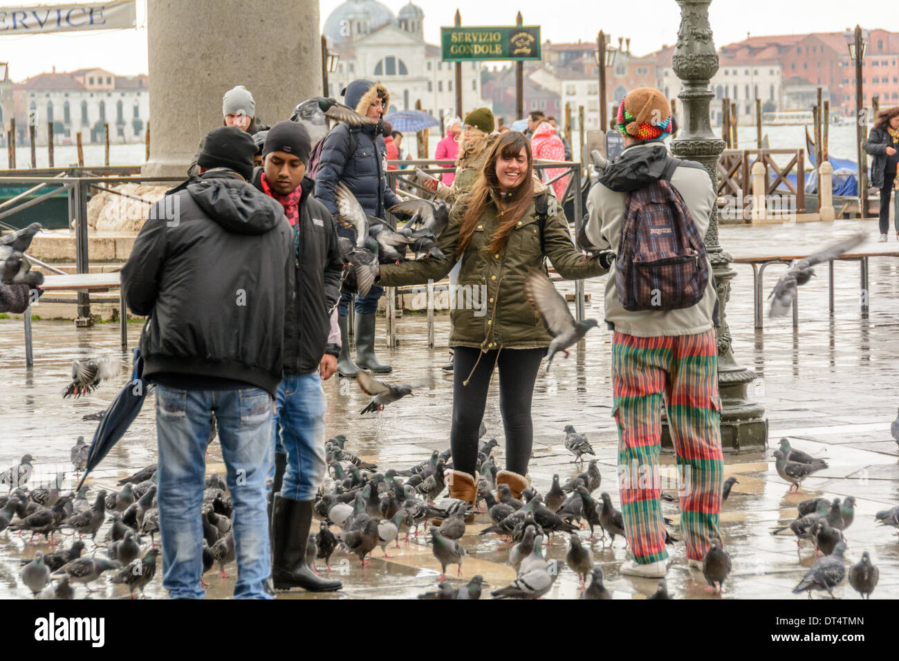 Venice, St Mark´s Square, Italy. Young woman gets photographed with a smartphone while pigeons sitting on her arms. Stock Photo
