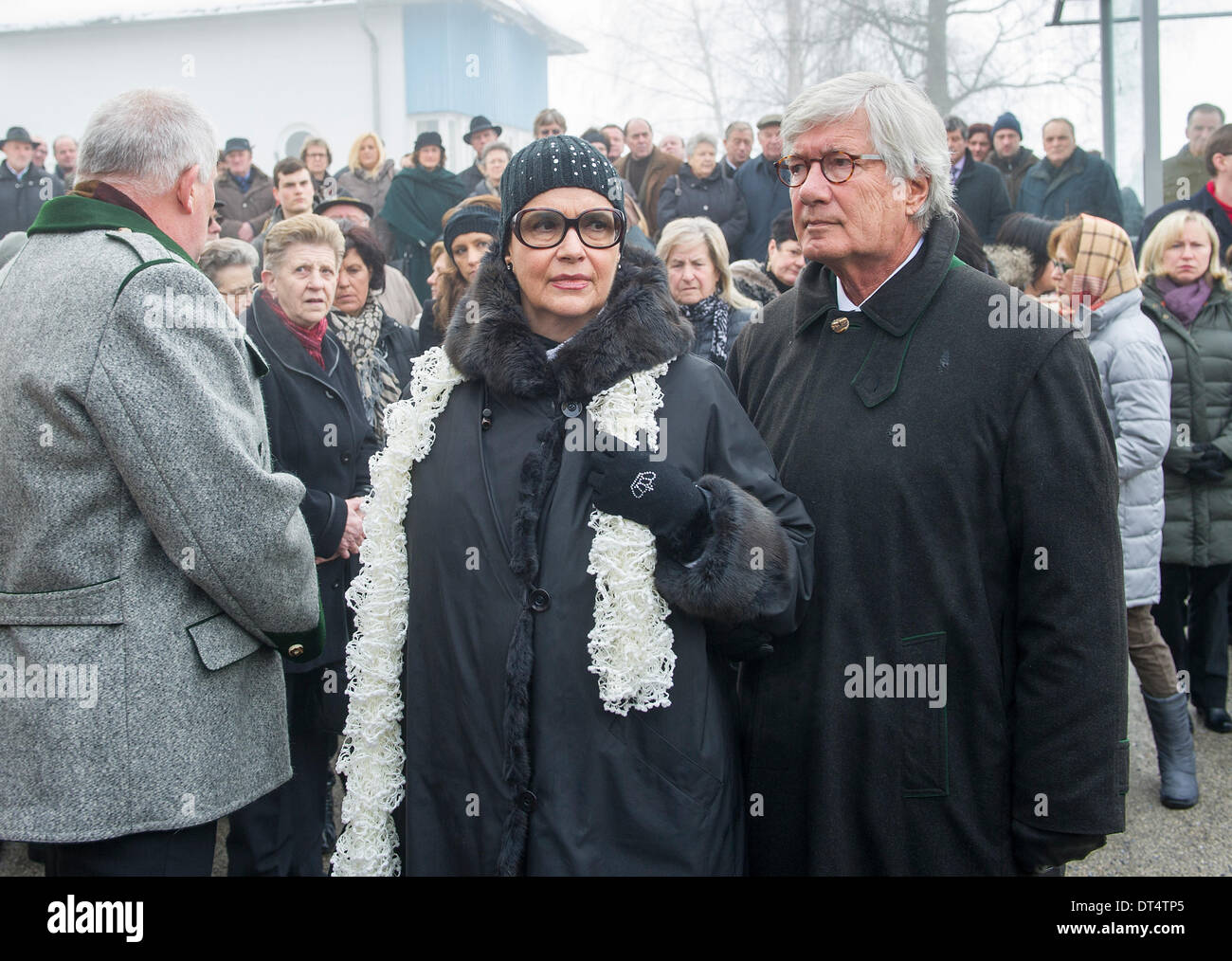 Preitenegg, Austria. 08th Feb, 2014. Actor Christian Wolff and his wife Marina attends the funeral service for the Swiss-Austrian actor Maximilian Schell in his hometown Preitenegg, Austria, 08 February 2014. Maximilian Schell died aged 83 after a surgery on 01 February 2014. Photo: Marc Mueller/dpa/Alamy Live News Stock Photo