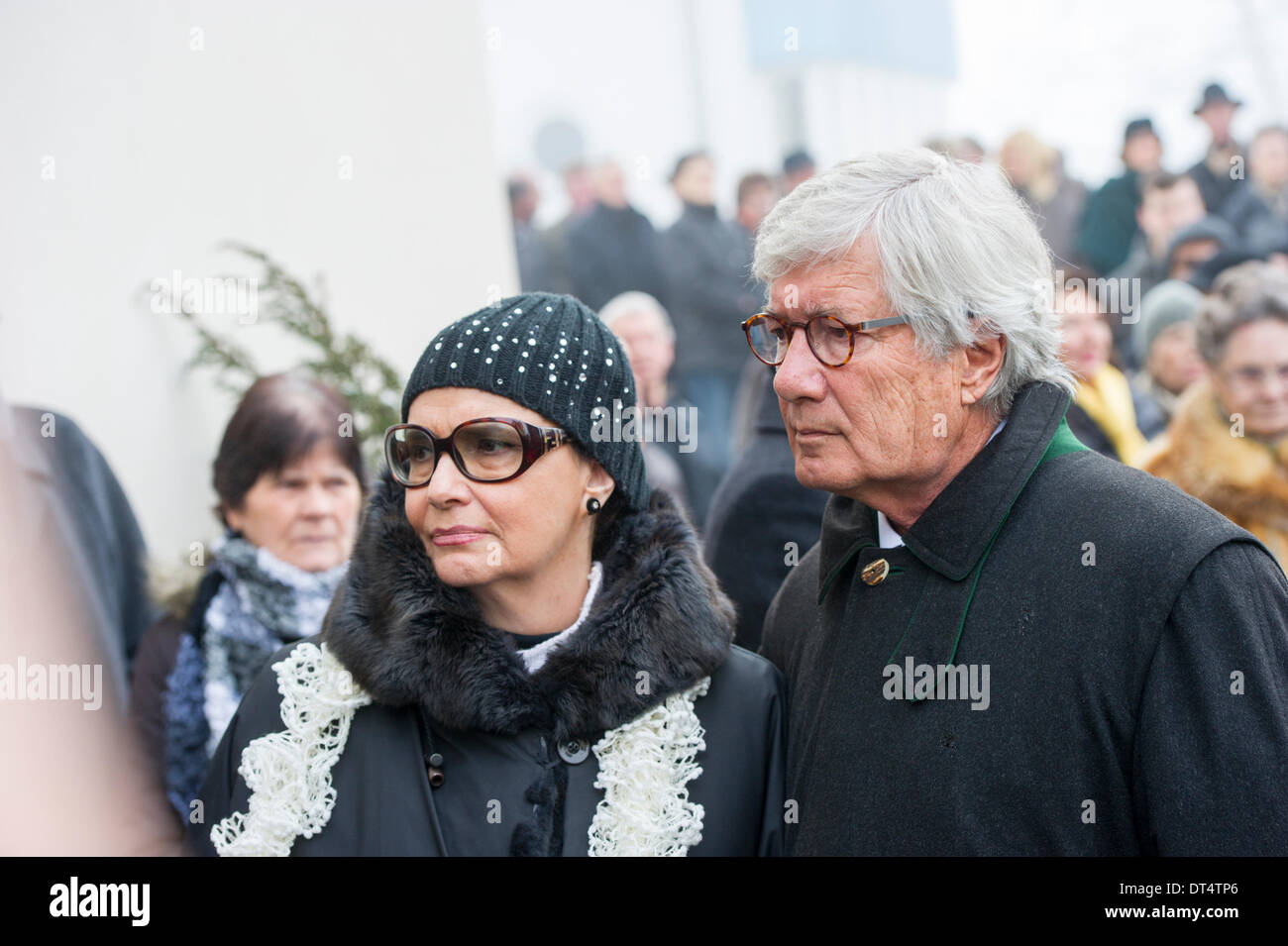 Preitenegg, Austria. 08th Feb, 2014. Actor Christian Wolff and his wife Marina attends the funeral service for the Swiss-Austrian actor Maximilian Schell in his hometown Preitenegg, Austria, 08 February 2014. Maximilian Schell died aged 83 after a surgery on 01 February 2014. Photo: Marc Mueller/dpa/Alamy Live News Stock Photo