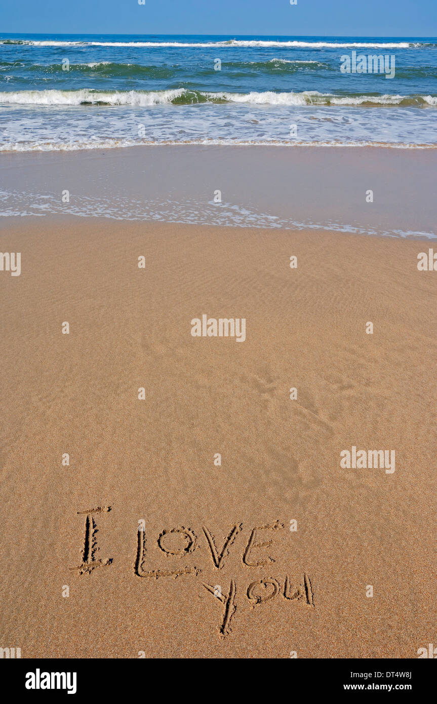 I Love You written in sand at beach, Castricum aan Zee, Netherlands Stock Photo