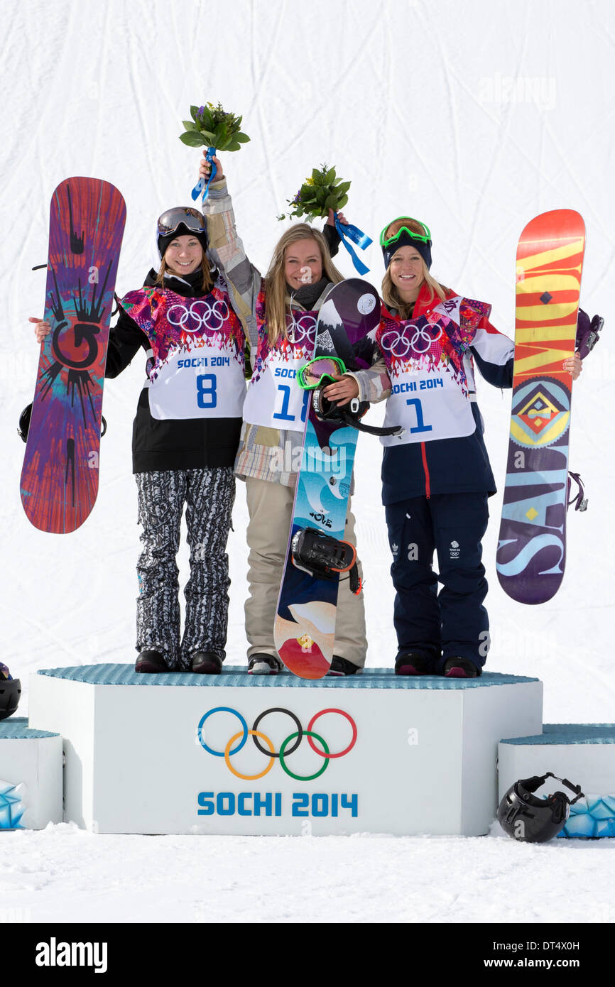 Sochi, Russia. 09th Feb, 2014. 2014 Winter Olympics Women's Slopestyle  Snowboarding Rosa Khutor. Podium picture shows gold medalist Jamie ANDERSON  (USA), Silver medalist Enni RUKAJARVI (Fin) and bronze medalist Jenny Jones  (Team