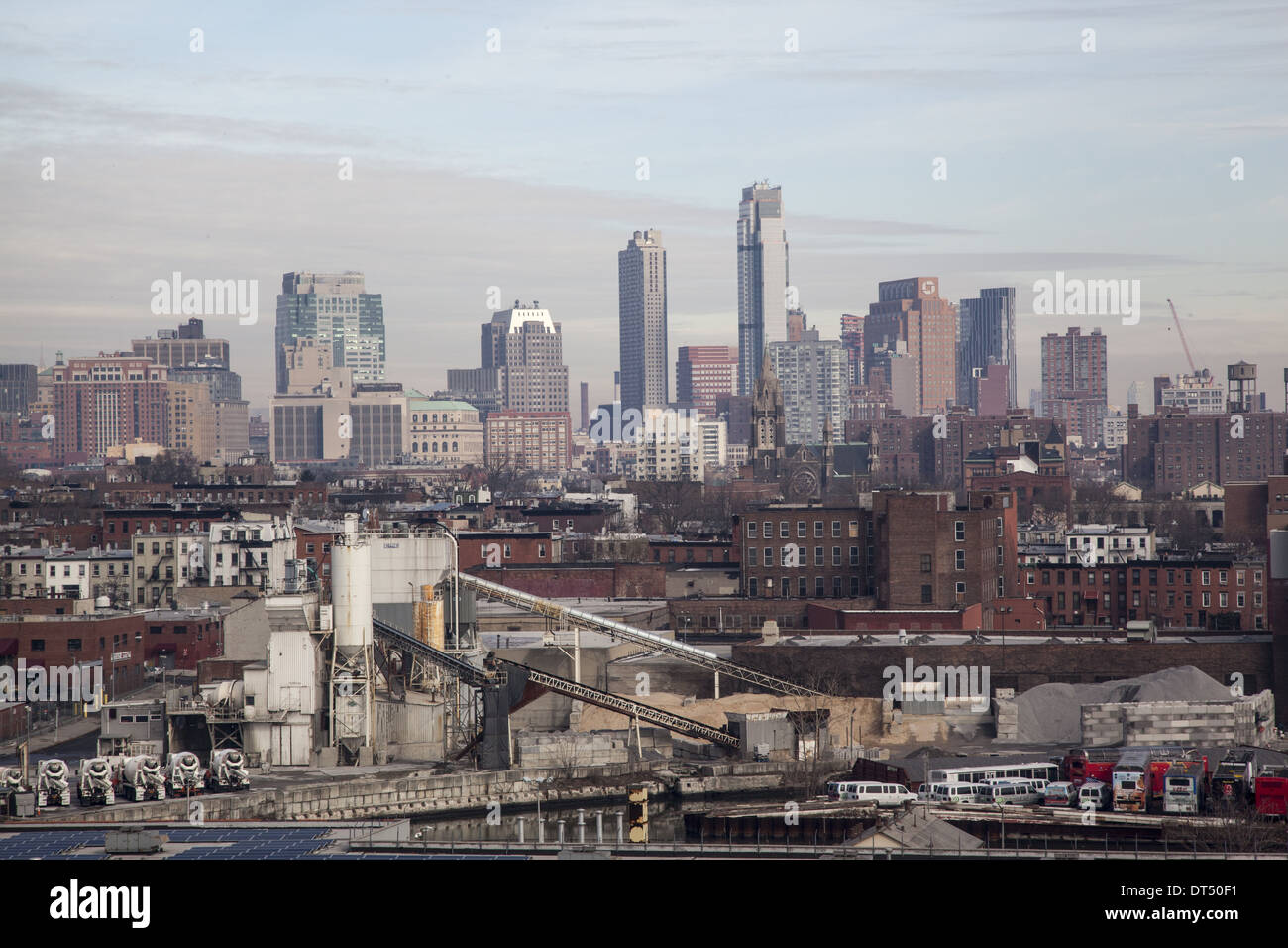 Looking across diverse Brooklyn neighborhoods to the skyward growing downtown district. Stock Photo