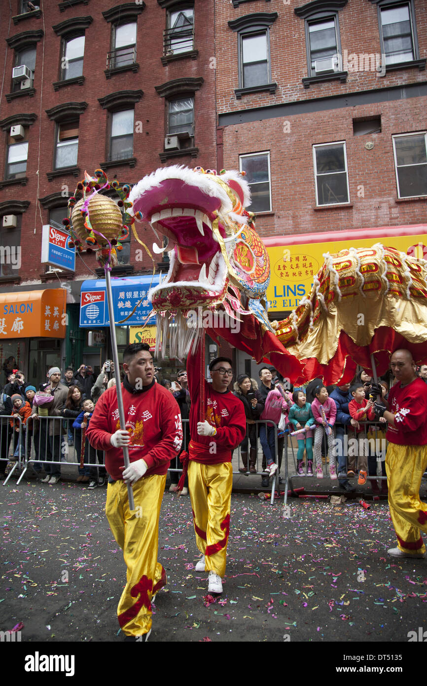 Dragon dancers are a highlight of the Chinese New Year Parade in Chinatown, New York City. Stock Photo