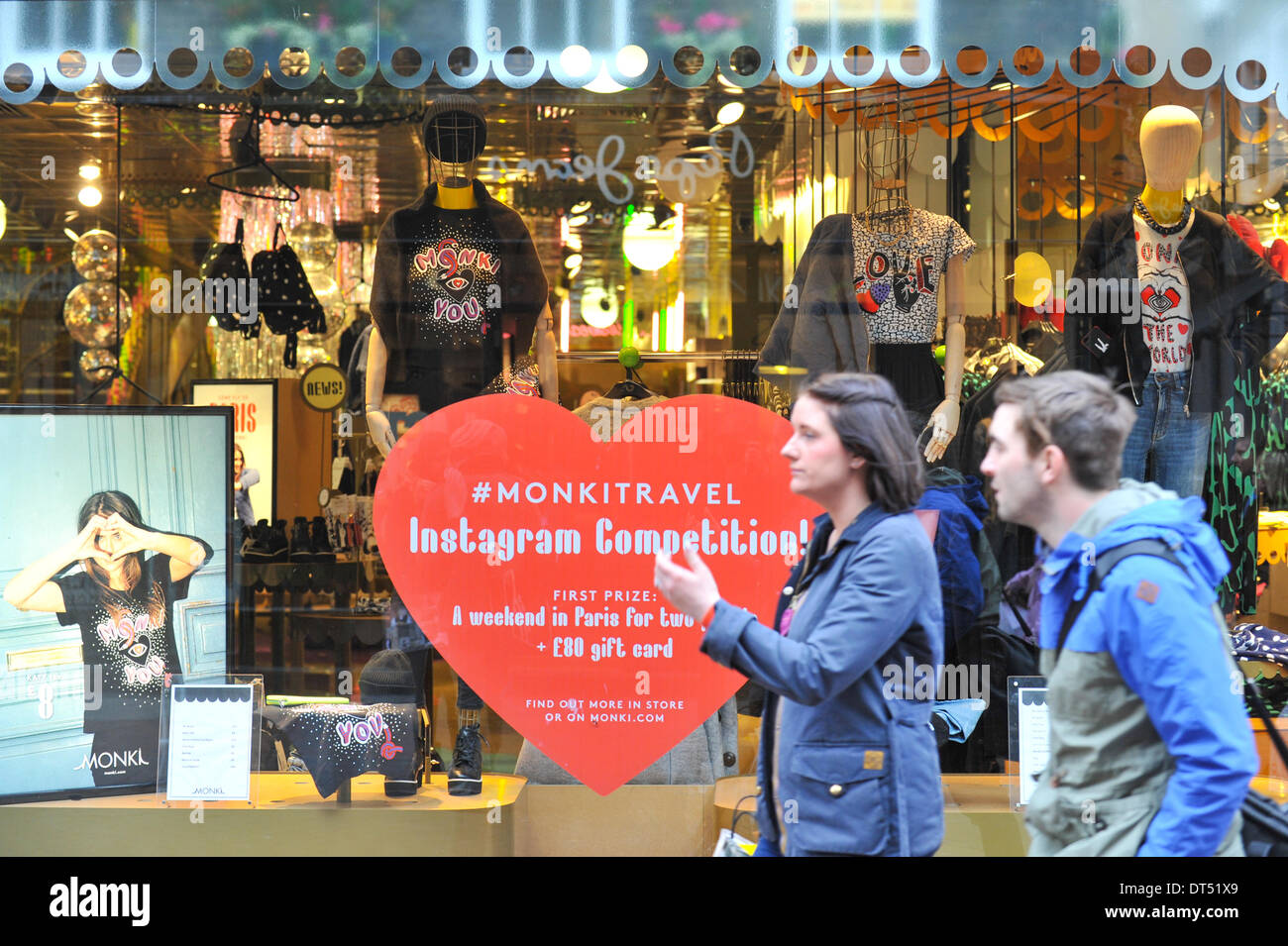 Carnaby Street, London, UK. 9th February 2014. Monki store, Valentine's Day themed shop window on Carnaby Street. Credit:  Matthew Chattle/Alamy Live News Stock Photo