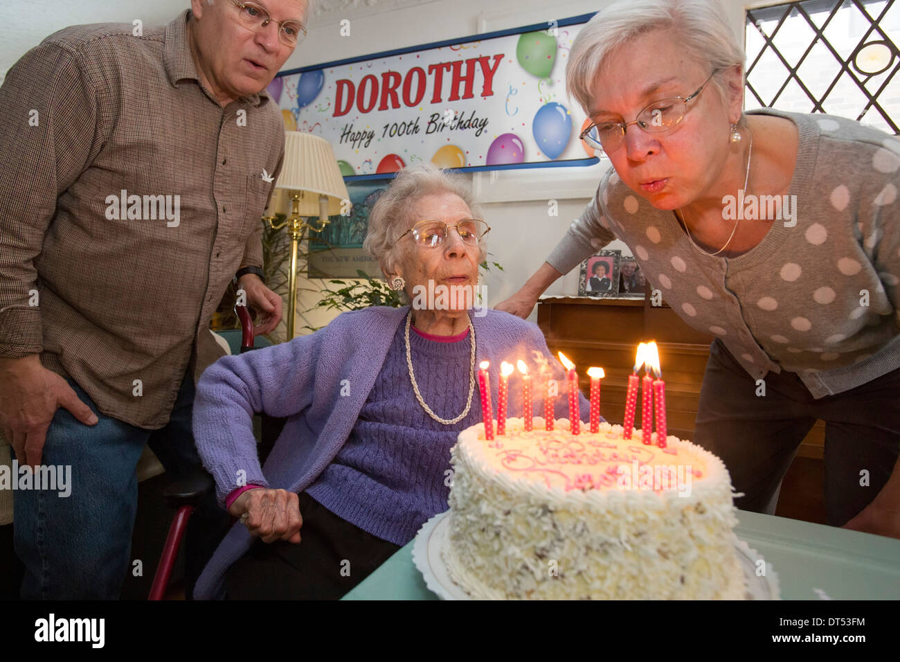 Detroit, Michigan - Dorothy Newell celebrates her 100th birthday with her daughter, Susan Newell, and her son, Robert Newell. Stock Photo