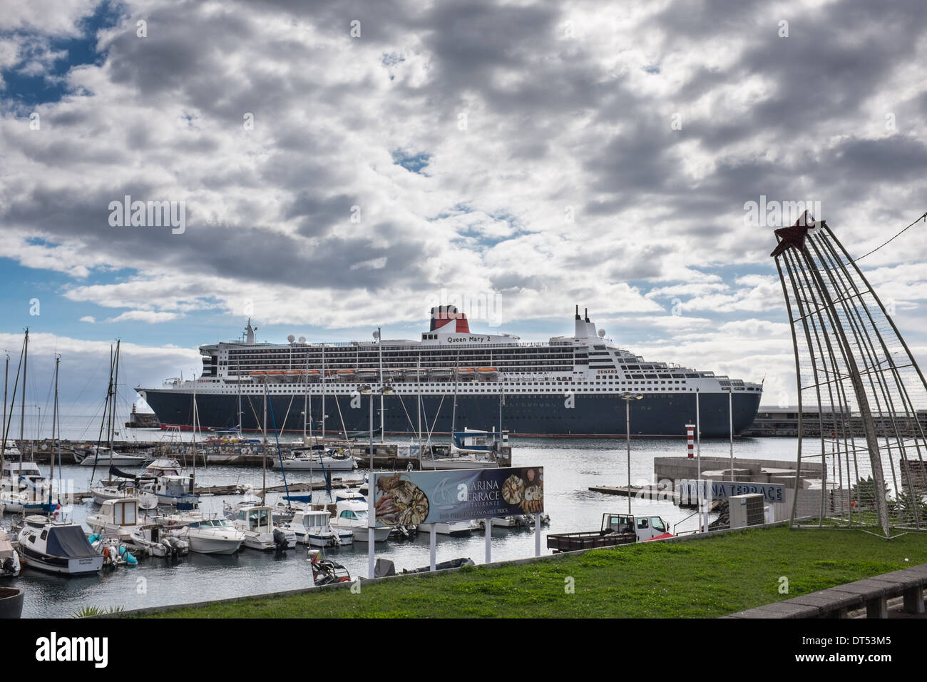 The Queen Mary 2 Ocean Liner, Berthed in Madeira, Portugal. Stock Photo