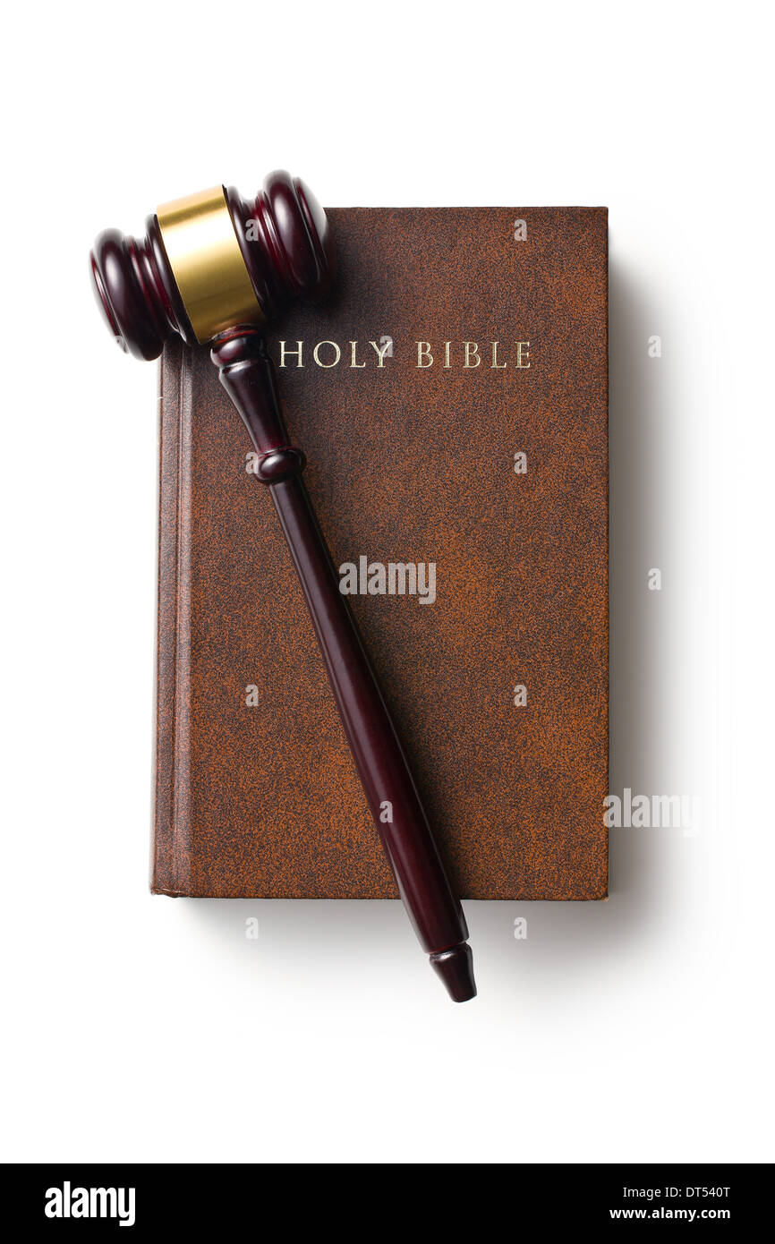 top view of judge gavel on holy bible on white background Stock Photo