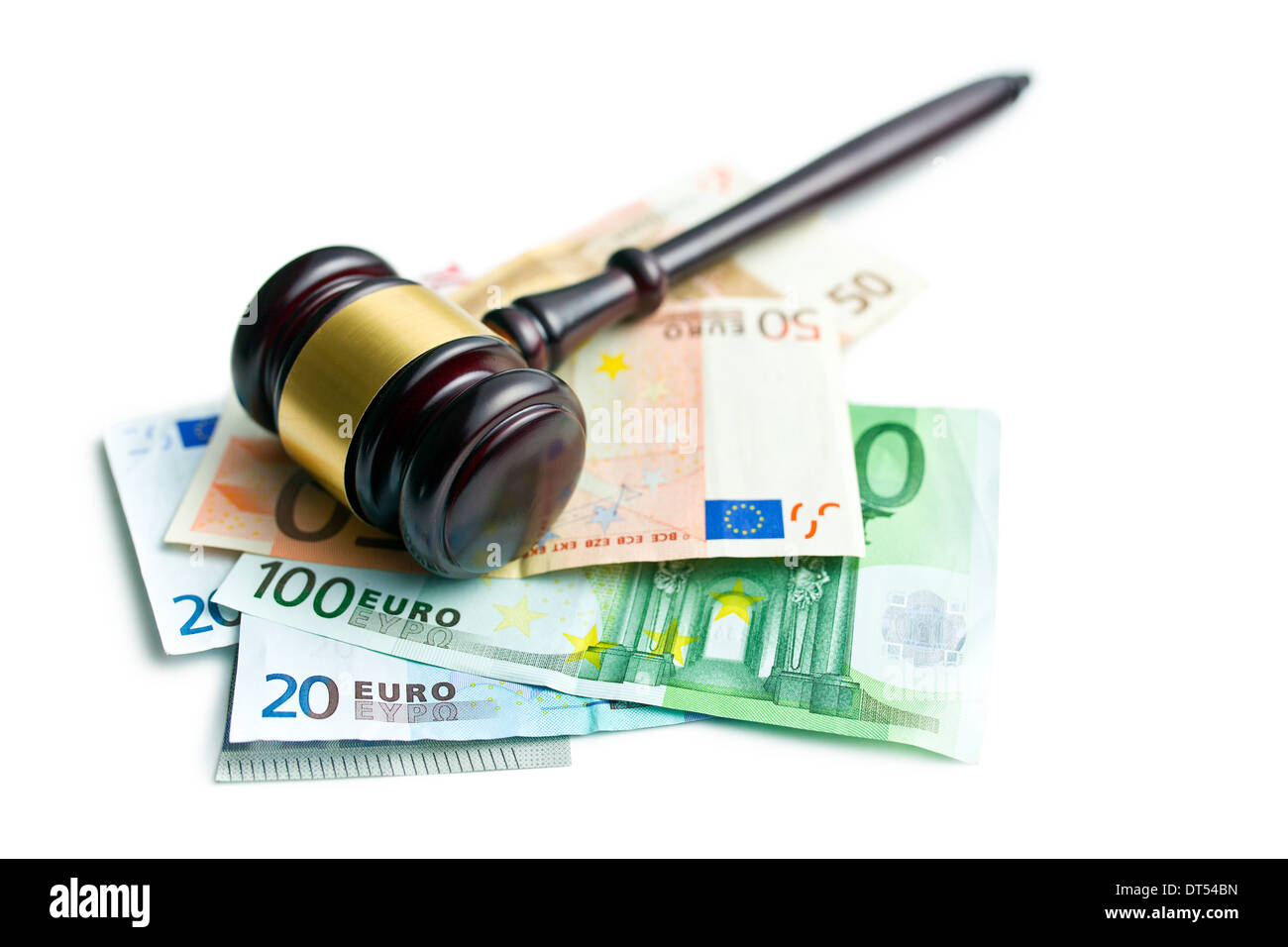 judge gavel with euro bills on white background Stock Photo