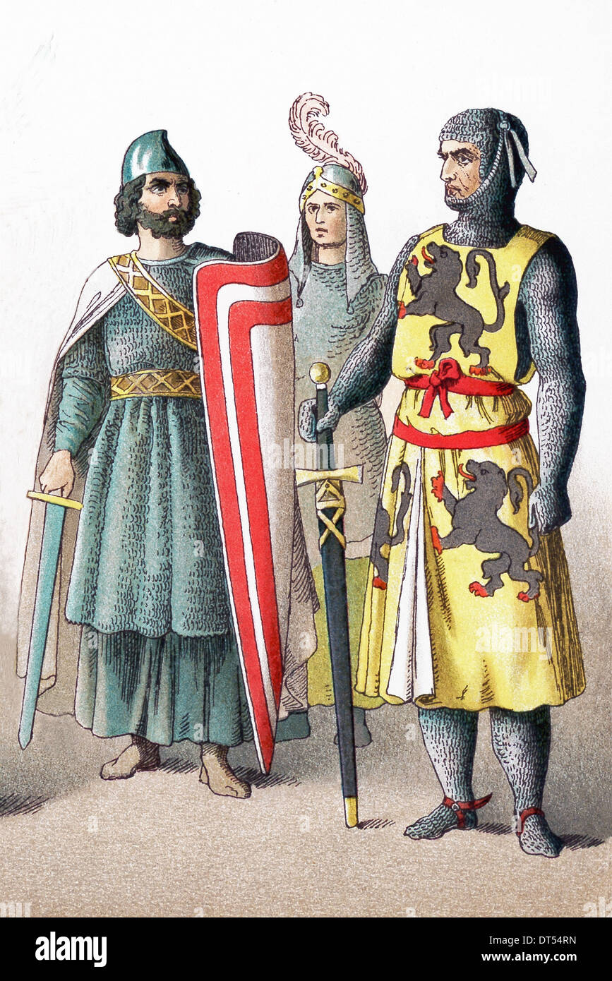 Represented in this 1882 illustration are three French knights around A ...