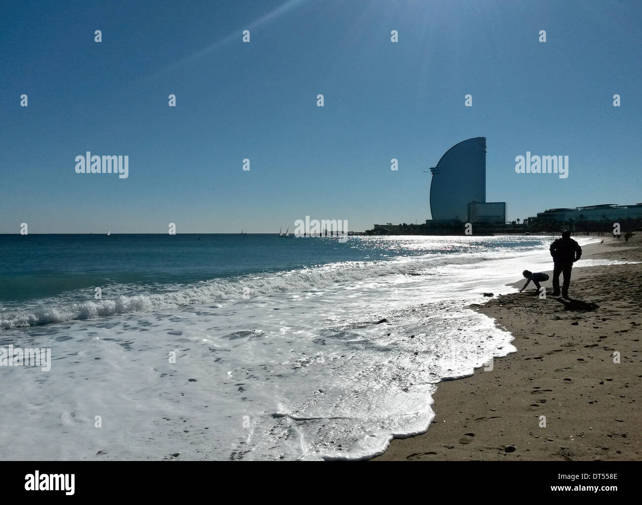 View Of The Beach At The La Barceloneta Promenade In Barcelona