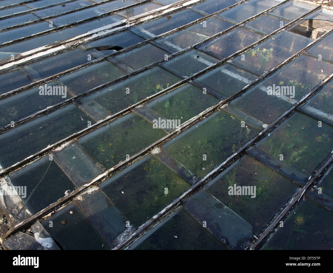 An ancient garden cold-frame with several broken glass panes Stock Photo